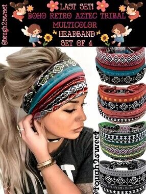 🆕️LAST SET❣️BOHO RETRO AZTEC  MULTICOLOR ACTIVE WEAR HEADBAND SET OF 4